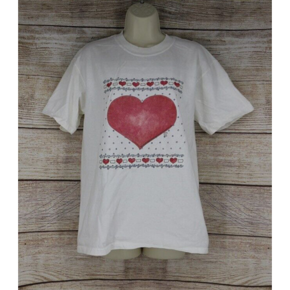 VINTAGE Time 2 Celebrate Womens Sz Medium Crew Neck Oversize T-Shirt White Heart - Picture 1 of 7